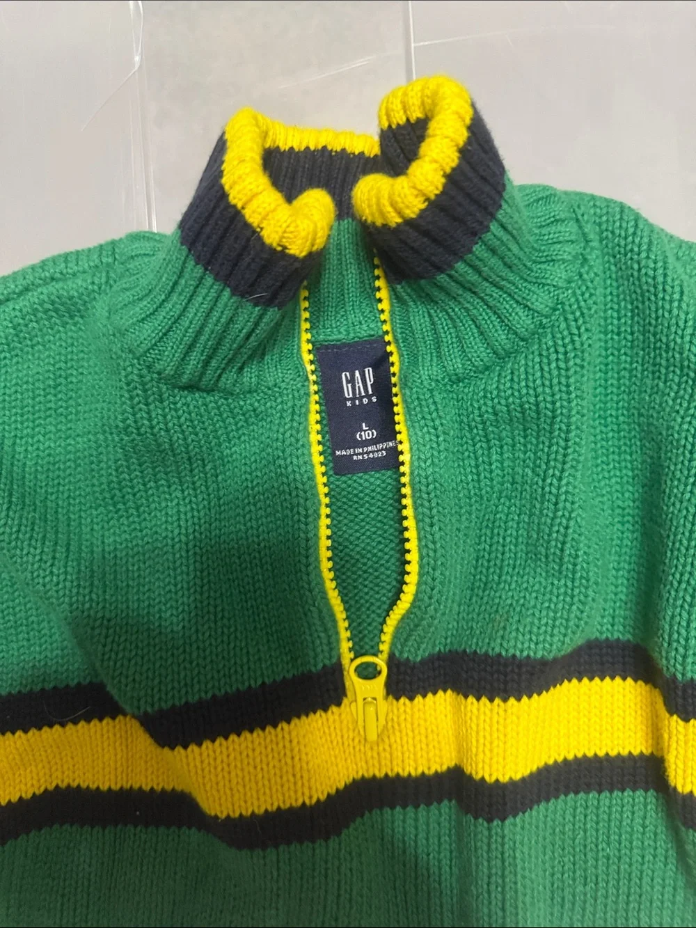 Gap kids L Green and Cream Quarter-Zip Stripe Knit Sweater